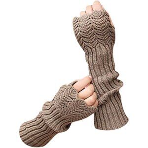 Women's Half Finger Khaki Fingerless Knit Arm Warmers Stretchy Long Gloves